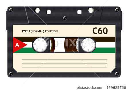 Cassette with retro label as Palestine flag, vintage object for 80s revival mix tape design Cassette with retro label as Palestine flag, vintage object for 80s revival mix tape design 139623766