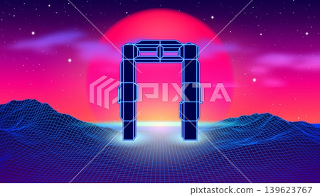 Synthwave gate or techno portal on grid landscape and neon sunset. Mountain silhouettes in retro futuristic 1980s cover design Synthwave gate or techno portal on grid landscape and neon sunset. Mountain silhouettes in retro futuristic 1980s cover design 139623767