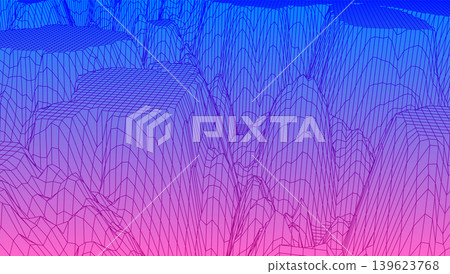 Digital landscape with mountains and plateus made of line grid in futuristic technology or science style Digital landscape with mountains and plateus made of line grid in futuristic technology or science style 139623768