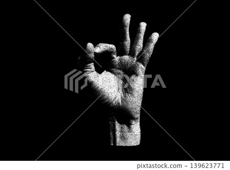 Monochrome ok hand gesture with fingers forming circle in detailed vintage dotwork stipple vector on dark background Monochrome ok hand gesture with fingers forming circle in detailed vintage dotwork stipple vector on dark background 139623771