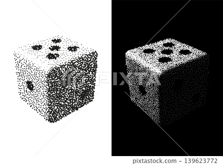 Dotwork stippled 3D dice cube illustration isolated on background in minimalist black and white style Dotwork stippled 3D dice cube illustration isolated on background in minimalist black and white style 139623772