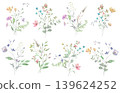 Watercolor floral elements set, hand painted botanical clipart collection with pink flowers, purple blossoms, green leaves and red berries. Vector EPS 139624252