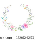 Watercolor floral frame with colorful wildflowers, green leaves. Hand-painted botanical wreath for wedding invitations and greeting cards. Vector EPS 139624253
