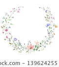 Watercolor floral wreath with daisy, pink garden flowers. Hand painted botanical round frame for wedding invitations summer decor. Vector EPS. 139624255