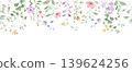 Watercolor wildflower seamless border, hand drawn botanical horizontal frame with colorful meadow flowers. Header on white background. Vector EPS. 139624256