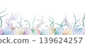 Watercolor seamless marine border with crab, starfish, corals, shells  seaweed on sand. Ocean underwater seabed horizontal pattern on white. Vector EPS. 139624257