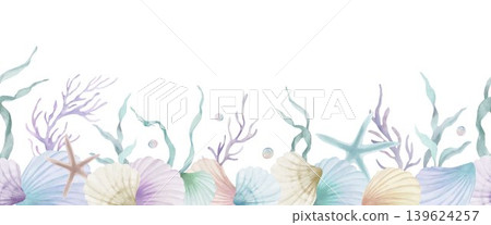 Watercolor seamless marine border with crab, starfish, corals, shells seaweed on sand. Ocean underwater seabed horizontal pattern on white. Vector EPS. Watercolor seamless marine border with crab, starfish, corals, shells seaweed on sand. Ocean underwater seabed horizontal pattern on white. Vector EPS. 139624257