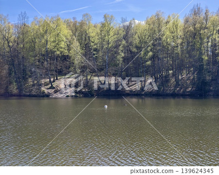 Peaceful Waters And Tranquil Horizon Scene. Silent Lake Stretching To Treeline Under Clear Blue Sky 139624345