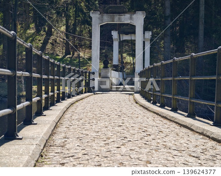 Quiet Pathway Under Towering Arches. Cinematic Shot Of Aged Stones Framing Inviting Passageway Scene Quiet Pathway Under Towering Arches. Cinematic Shot Of Aged Stones Framing Inviting Passageway Scene 139624377