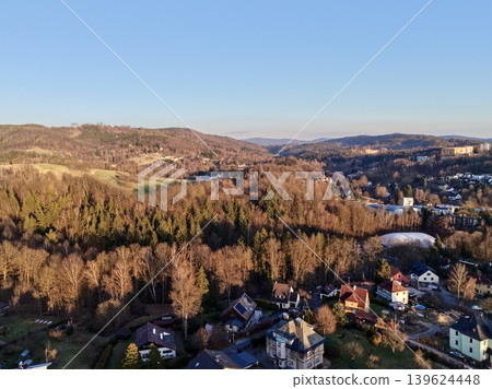 Aerial Perspective Showcasing Residential Communities Set Within Lush Forested Terrain And Gentle Slopes Aerial Perspective Showcasing Residential Communities Set Within Lush Forested Terrain And Gentle Slopes 139624448