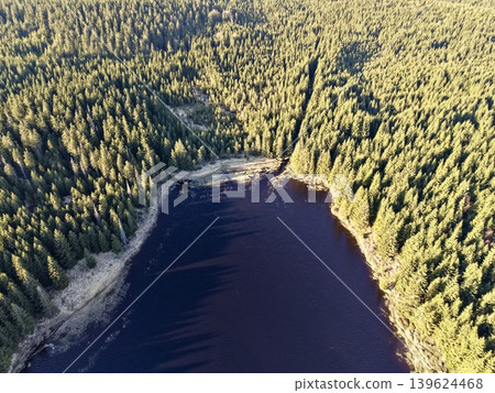 Thick Forest Foliage Provides Stunning View Of Peaceful Lake Below With Sunlight Filtering Through Thick Forest Foliage Provides Stunning View Of Peaceful Lake Below With Sunlight Filtering Through 139624468