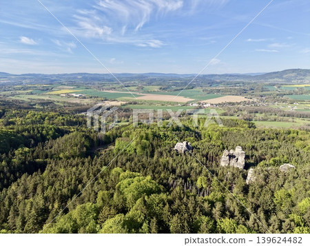 Ancient Landscape Viewed. Skyward Perspective Showcasing Ancient Rocky Remains Amidst Lush Treetops Ancient Landscape Viewed. Skyward Perspective Showcasing Ancient Rocky Remains Amidst Lush Treetops 139624482