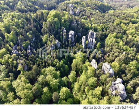 Limestone Formations Amidst Trees. Vertical Rock Pillars Stand Amidst Lush Green Treetops Vividly Limestone Formations Amidst Trees. Vertical Rock Pillars Stand Amidst Lush Green Treetops Vividly 139624487