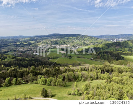 Beautiful Aerial Perspective Showcasing Vibrant Town Amid Flowing Waterways And Diverse Forests Beautiful Aerial Perspective Showcasing Vibrant Town Amid Flowing Waterways And Diverse Forests 139624525