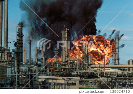Massive explosion and thick black smoke above industrial oil refinery Massive explosion and thick black smoke above industrial oil refinery 139624710