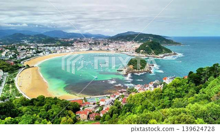 An Aerial View showcasing the picturesque La Concha Beach located in San Sebastian, Spain An Aerial View showcasing the picturesque La Concha Beach located in San Sebastian, Spain 139624728