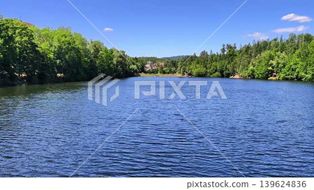 A Serene River Landscape featuring Lush Greenery and Clear Blue Skies Inviting Peace A Serene River Landscape featuring Lush Greenery and Clear Blue Skies Inviting Peace 139624836