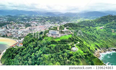 Aerial View of a Beautiful Scenic Coastal Landscape Featuring a Picturesque Hilltop Town Aerial View of a Beautiful Scenic Coastal Landscape Featuring a Picturesque Hilltop Town 139624863
