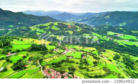 This is an Aerial View of a Lush Green Landscape, Featuring an Impressive Mountain Backdrop This is an Aerial View of a Lush Green Landscape, Featuring an Impressive Mountain Backdrop 139624912