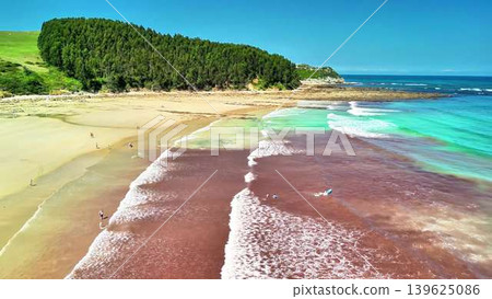 A stunning seascape with a serene beach and a beautiful forest in the background A stunning seascape with a serene beach and a beautiful forest in the background 139625086