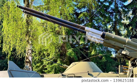 Closeup of a military tanks artillery in nature, highlighting its design and engineering 139625188