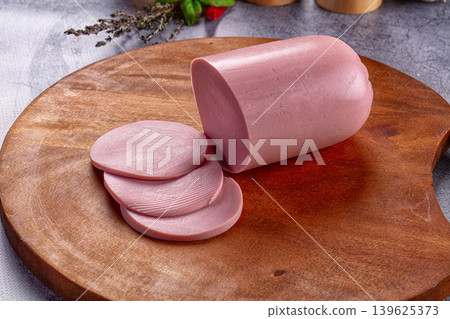 Boiled pork pink sausages with slices 139625373