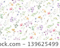 Seamless pattern with watercolor spring flowers, wildflowers, green leaves on white background. Hand painted floral textile design. Vector EPS. 139625499