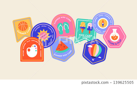 Colorful geometric summer camp stickers, badges, pennants, labels and tags set. Playful colorful 139625505