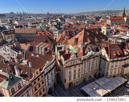 Aerial view of Prague's historic rooftops showcasing red-tiled buildings and Aerial view of Prague's historic rooftops showcasing red-tiled buildings and 139625861