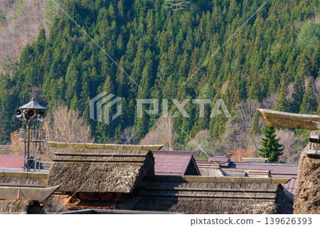 Thatch roof and fire watchtower Thatch roof and fire watchtower 139626393