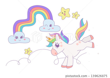 Cute unicorn running with rainbow and stars, Cartoon fantasy style, Unicorn hand drawn doodles, Vector design illustration. 139626875
