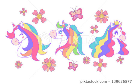 Set of cute unicorn head with flowers and butterflies, Cartoon pony face in fantasy style, Unicorn hand drawn doodles, Vector design illustration. Set of cute unicorn head with flowers and butterflies, Cartoon pony face in fantasy style, Unicorn hand drawn doodles, Vector design illustration. 139626877