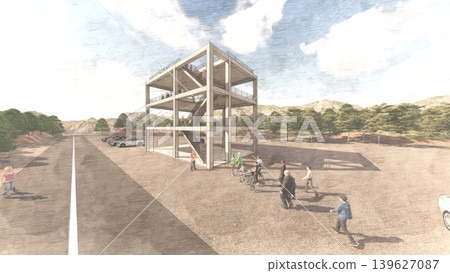 3DCG images of tsunami/flood evacuation drills to higher ground and evacuation towers. 3DCG images of tsunami/flood evacuation drills to higher ground and evacuation towers. 139627087