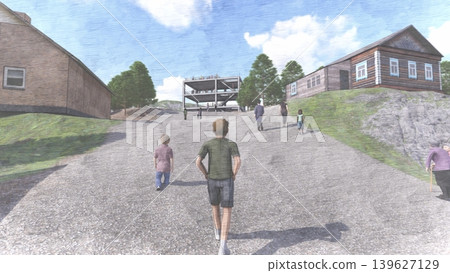 3DCG images of tsunami/flood evacuation drills to higher ground and evacuation towers. 3DCG images of tsunami/flood evacuation drills to higher ground and evacuation towers. 139627129