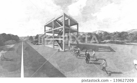 3DCG images of tsunami/flood evacuation drills to higher ground and evacuation towers. 3DCG images of tsunami/flood evacuation drills to higher ground and evacuation towers. 139627209