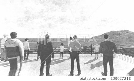 3DCG影像展示了海嘯/洪水疏散演習，疏散人員前往地勢較高的地方和疏散塔，圖中還有人員。 139627218