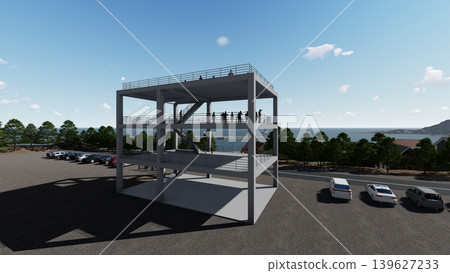 3DCG images of a tsunami/flood evacuation drill to higher ground and an evacuation tower, with people depicted. 3DCG images of a tsunami/flood evacuation drill to higher ground and an evacuation tower, with people depicted. 139627233