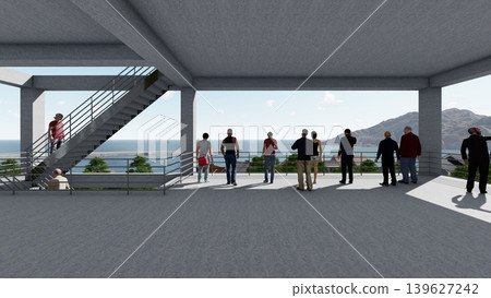 3DCG影像展示了海嘯/洪水疏散演習,疏散人員前往地勢較高的地方和疏散塔,圖中還有人員。 3DCG影像展示了海嘯/洪水疏散演習,疏散人員前往地勢較高的地方和疏散塔,圖中還有人員。 139627242