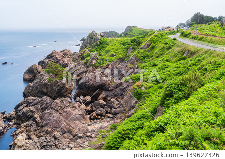 沿著青森縣八戶市美麗的種佐海岸。 沿著青森縣八戶市美麗的種佐海岸。 139627326