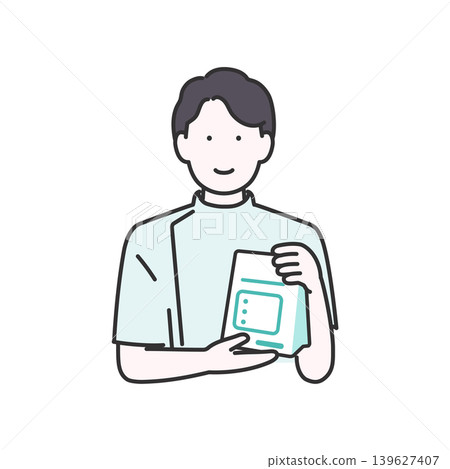 男性藥劑師手持藥物的插圖 男性藥劑師手持藥物的插圖 139627407