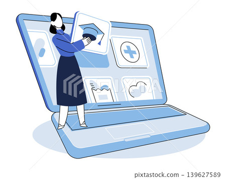 Woman holding a graduation icon on a laptop vector illustration. Online education, digital healthcare, grocery delivery, cloud storage, internet services, life management. Female user with computer 139627589