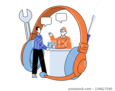 Customer talking to a support agent inside a headset vector illustration. Customer service, help desk, tech support, repair, consultation, troubleshooting. Client speaking with a consultant Customer talking to a support agent inside a headset vector illustration. Customer service, help desk, tech support, repair, consultation, troubleshooting. Client speaking with a consultant 139627590