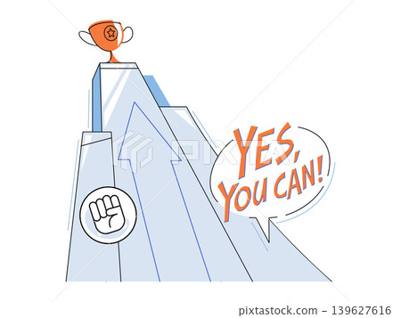Trophy on a mountain peak with an upward arrow and yes you can text vector illustration. Business growth, personal development, motivation, goal achievement, leadership, empowerment. Award on Trophy on a mountain peak with an upward arrow and yes you can text vector illustration. Business growth, personal development, motivation, goal achievement, leadership, empowerment. Award on 139627616