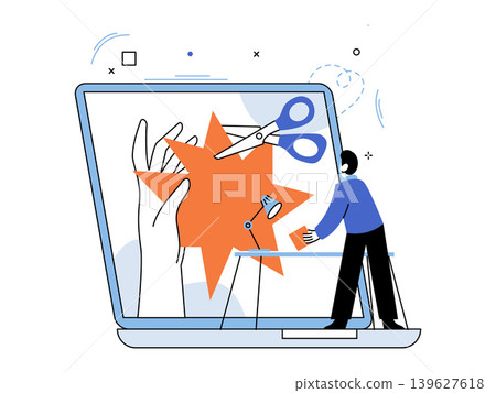 Man works on digital design inside a laptop screen vector illustration. Graphic design, content creation, online workshop, creative process, digital art, freelance. Designer editing on notebook Man works on digital design inside a laptop screen vector illustration. Graphic design, content creation, online workshop, creative process, digital art, freelance. Designer editing on notebook 139627618