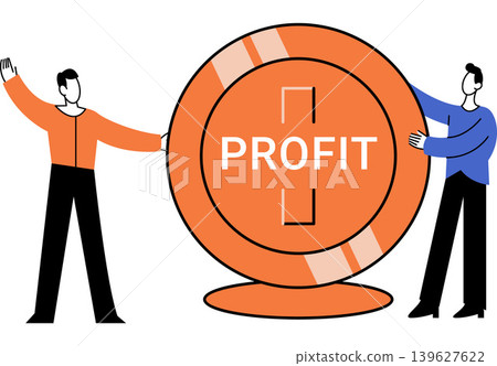 Two men holding a giant orange coin with profit text vector illustration. Business growth, financial success, investment, revenue, teamwork, wealth. Male partners carrying a large currency token Two men holding a giant orange coin with profit text vector illustration. Business growth, financial success, investment, revenue, teamwork, wealth. Male partners carrying a large currency token 139627622