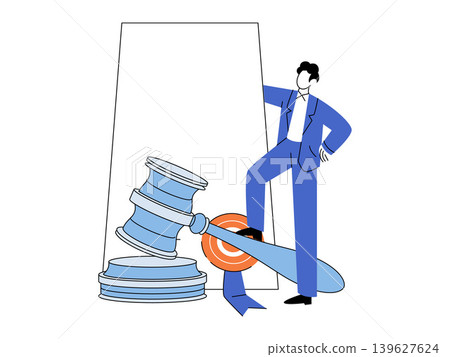 Businessman standing by a giant gavel and target vector illustration. Legal success, court victory, law services, justice system, professional achievement, litigation goals. Attorney with mallet Businessman standing by a giant gavel and target vector illustration. Legal success, court victory, law services, justice system, professional achievement, litigation goals. Attorney with mallet 139627624