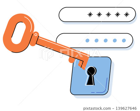 Orange key entering a blue lock with password fields vector illustration. Cybersecurity, data protection, account access, digital privacy, login, safety. Metal tool unlocking a secure portal 139627646