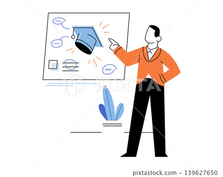 Man points to a graduation cap on a board vector illustration. Higher education, career growth, academic success, university, training, coaching. Professional gesturing at a mortarboard 139627650