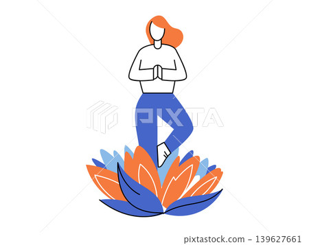 Woman practicing yoga tree pose on a lotus flower vector illustration. Mental health, wellness, mindfulness, spiritual growth, balance, self care. Female doing vrikshasana on lily Woman practicing yoga tree pose on a lotus flower vector illustration. Mental health, wellness, mindfulness, spiritual growth, balance, self care. Female doing vrikshasana on lily 139627661