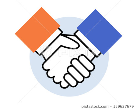 Two hands shaking in a business agreement vector illustration. Partnership, cooperation, corporate deal, successful meeting, teamwork, professional greeting. Partners clasping hands for a contract 139627679
